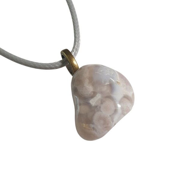 Polished Fossil Coral Pendant Gray Cord Necklace Adjustable Healing Stone Boho - Picture 1 of 4